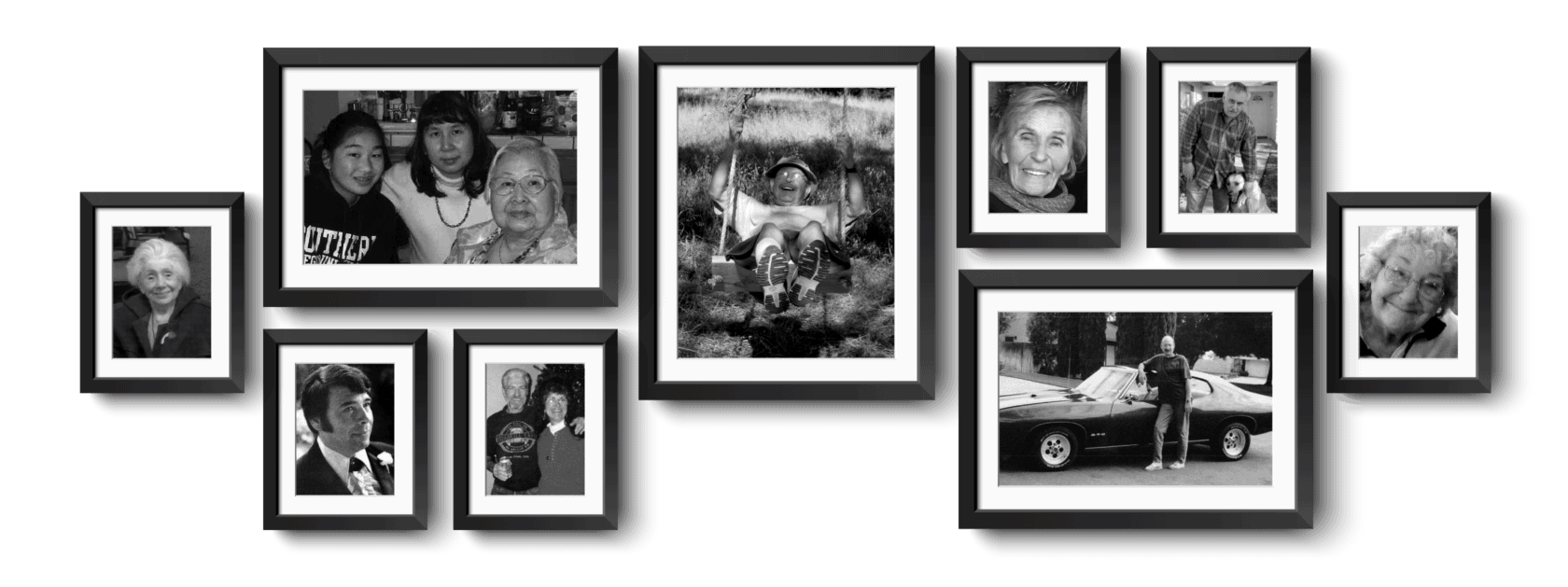 A collage of framed photos of Dudensing's client portraits