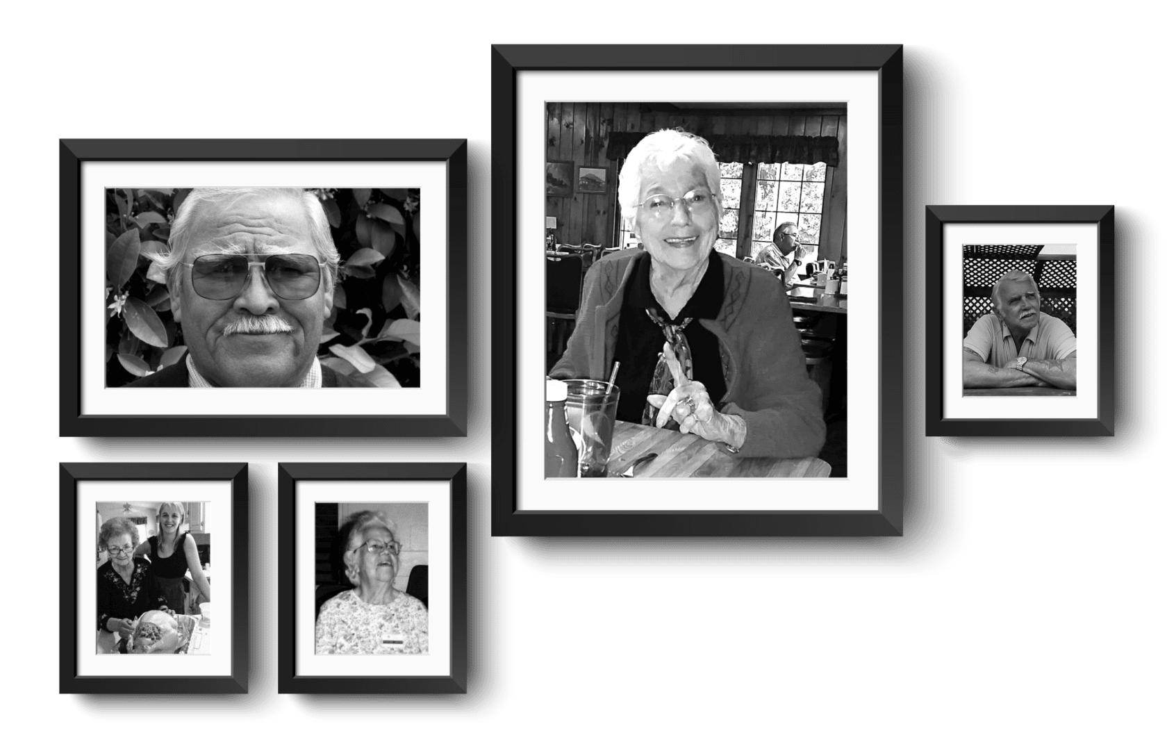 A collage of framed photos of California elder abuse lawyer Ed Dudensing's client portraits